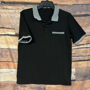Mens Black Polo Shirt Gingham Checkered Collar Cuffs Short Sleeve Casual Size S